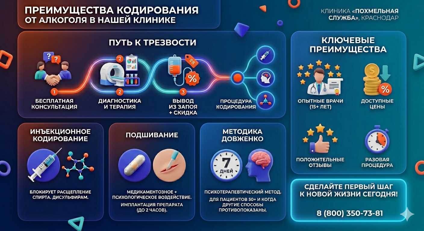 Инфографика о методах кодирования от алкоголя в Архангельской: инъекции, подшивание, метод Довженко. Преимущества клиники и этапы лечения.