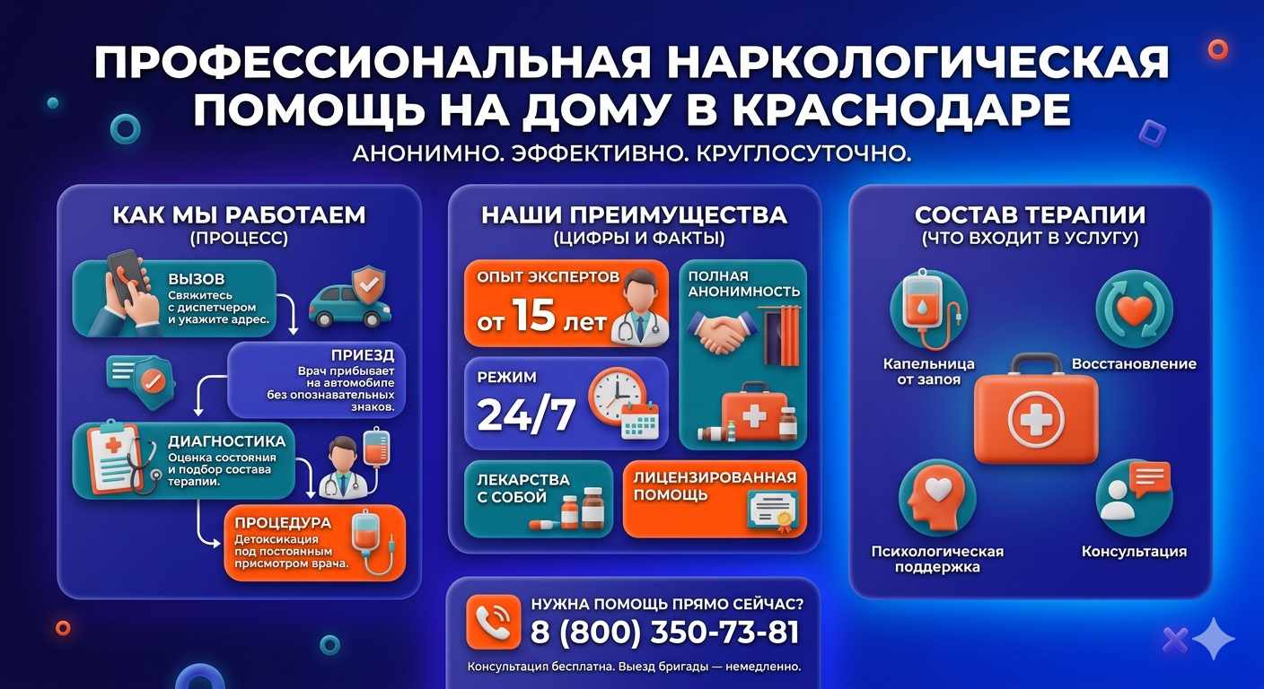 Инфографика о принципах лечения алкоголизма на дому в Архангельской: этапы вызова нарколога, преимущества анонимной детоксикации и состав медицинской помощи.
